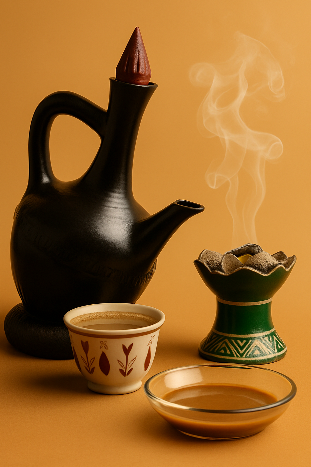Traditional jebena coffee pot with cups